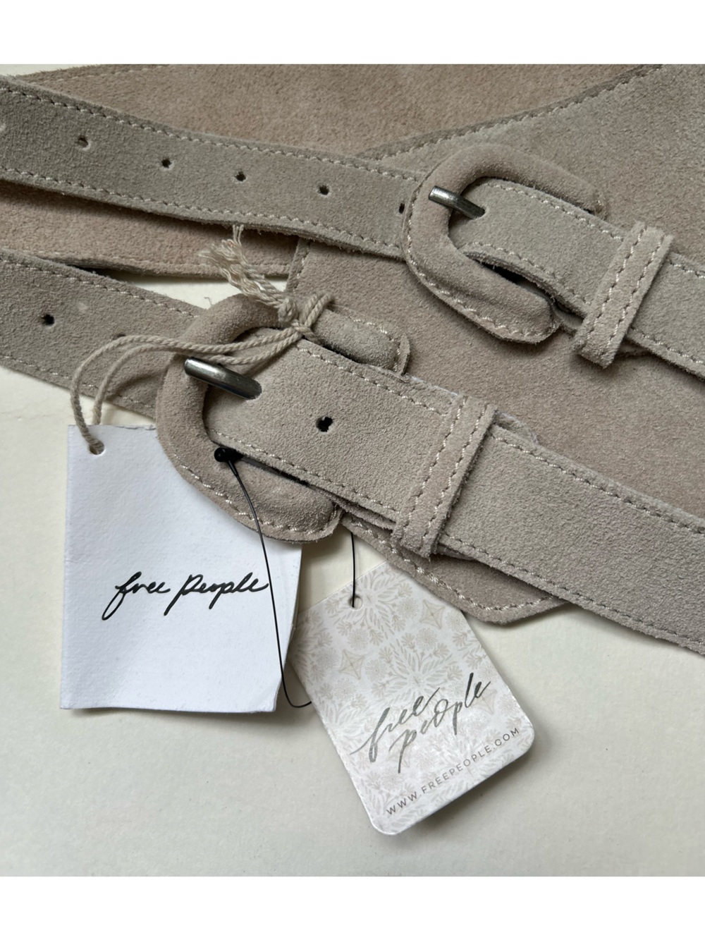 Free People NWT Leather Suede Linen Neutral Hip Double buckle Belt size M/L - Picture 2 of 6